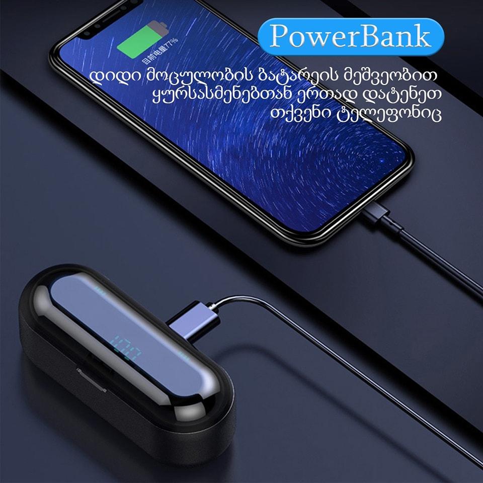 უსადენო ყურსასმენები TWS F9-5 Earbuds + 2000Mah Powerbank
